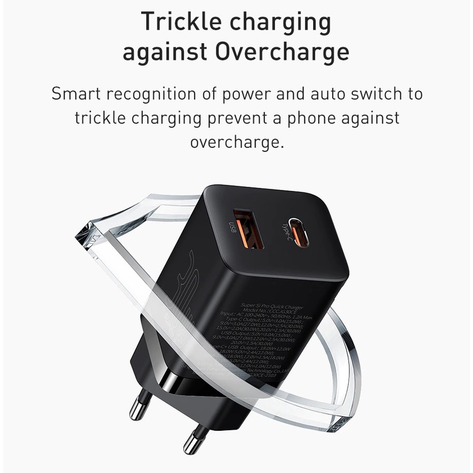 Củ Sạc 30W Baseus Super Si Pro sạc nhanh 2 cổng Type C + USB, Hỗ Trợ PD3.0, QC3.0, nhỏ gọn, chân gập