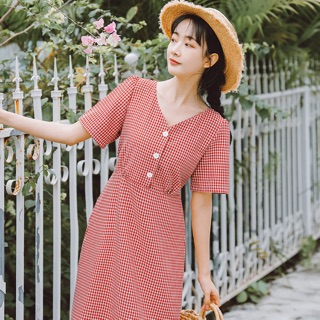 VÁY ĐẦM KẺ CARO CÚC NGỰC CHUN EO