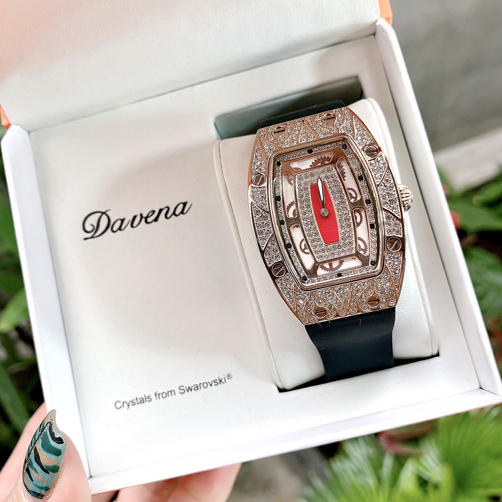 Đồng Hồ Nữ Davena Dây Silicon Đen Mặt Hoa Văn Đính Đá Rose Gold D31995 36mm Chính Hãng
