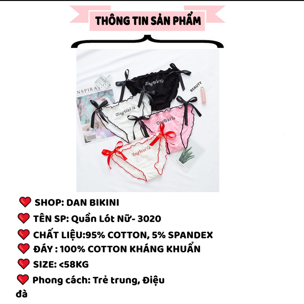 Quần Lót Nữ Cotton sexy cao cấp viền bèo buộc nơ in chữ mỏng mát tôn dáng mẫu 3020