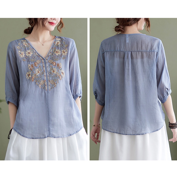 ☻ L O T U S ☻ Áo Blouse Cổ Chữ V Tay Ngắn Thêu Plus Size CAL1724