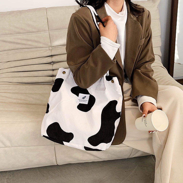 Túi tote vải nhung gân mịn da báo beo bò sữa ngựa vằn hoa nhí ulzzang