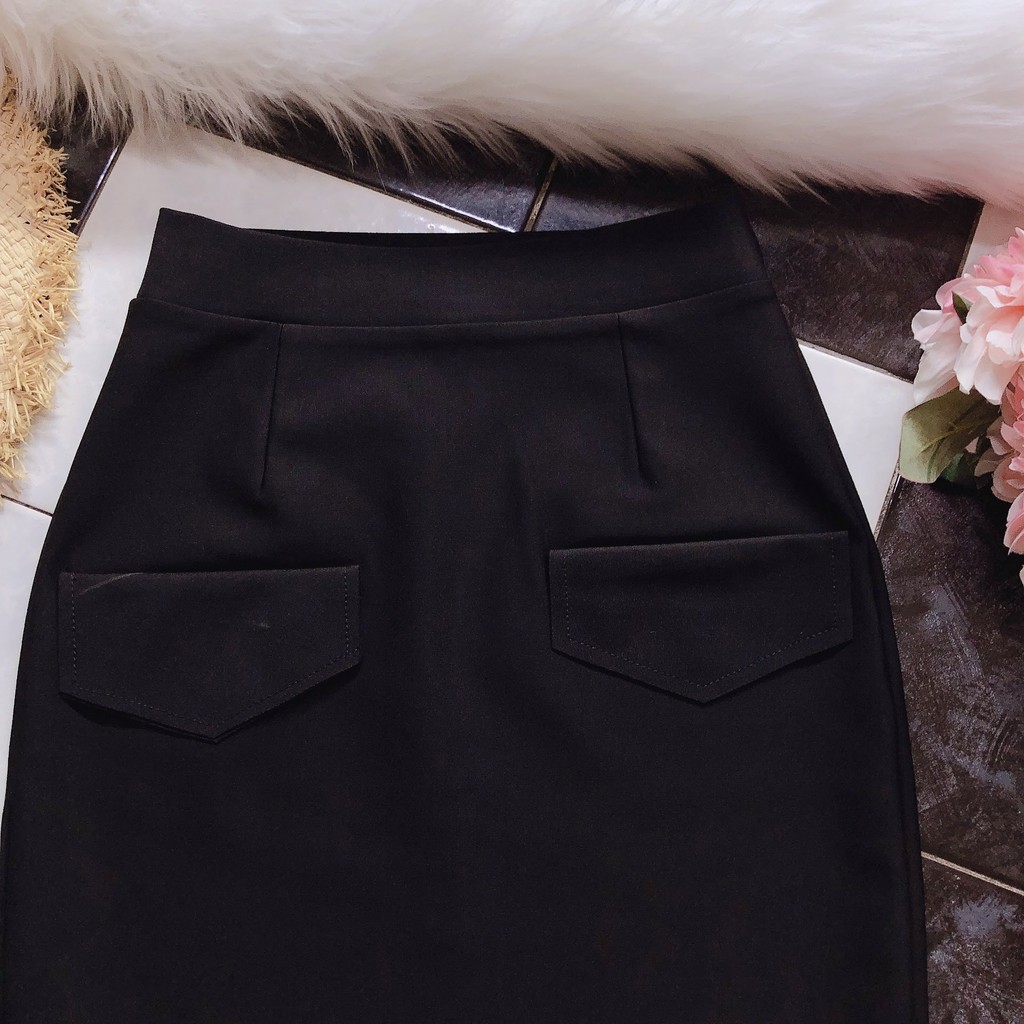 Chân váy công sở dài bigsize phối nắp túi màu đen dài 63cm [size từ 48-85kg] | BigBuy360 - bigbuy360.vn