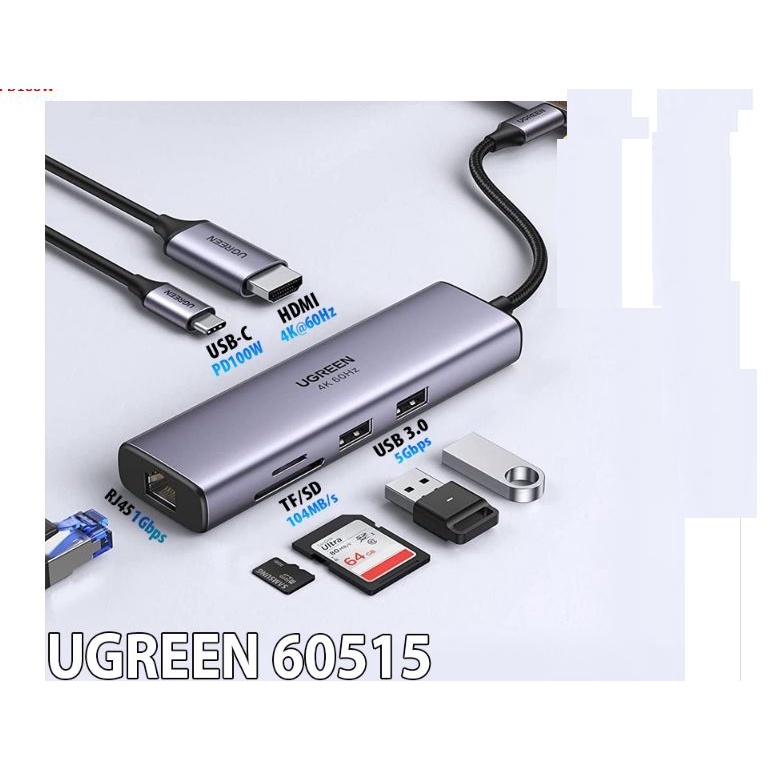 Cáp USB C to HDMI USB + LAN Gigabit + SD/ TF + PD Ugreen 60515