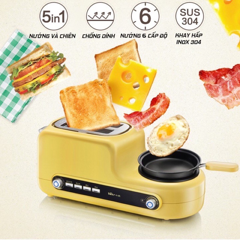 Máy nướng bánh mì kèm bếp mini, máy làm đồ ăn sáng đa năng Bear DSL-A02Z1