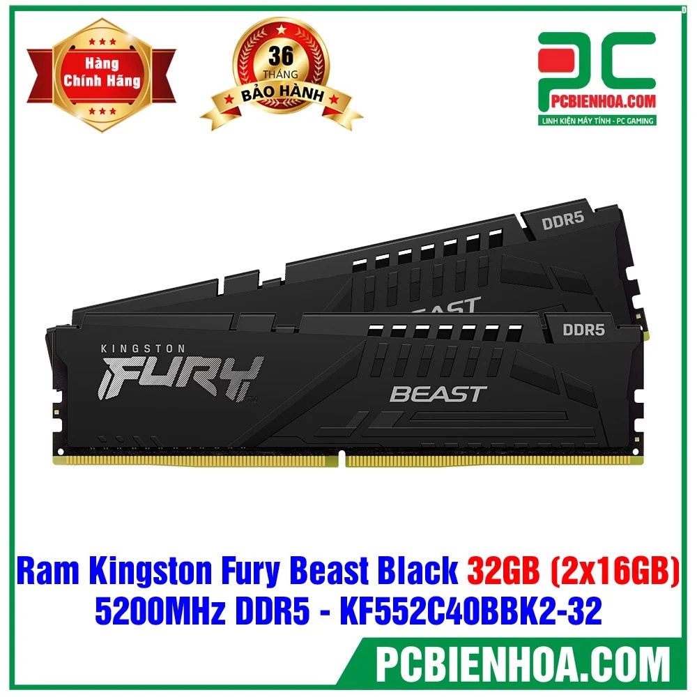 Bộ nhớ Ram KINGSTON FURY BEAST BLACK 32GB (2X16GB) 5200MHZ DDR5 ( KF552C40BBK2-32 )- hàng chính hãng 36T