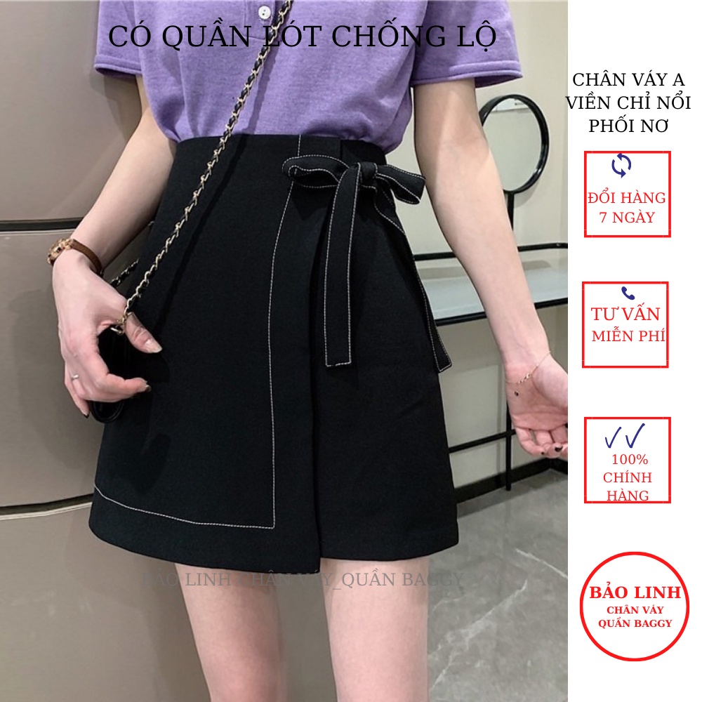 Chân Váy Công sở Chữ A Ngắn Lưng Cao Viền Chỉ Nổi Phối Nơ M048,Chân Váy Chữ a Ngắn Có Quần Chống Lộ