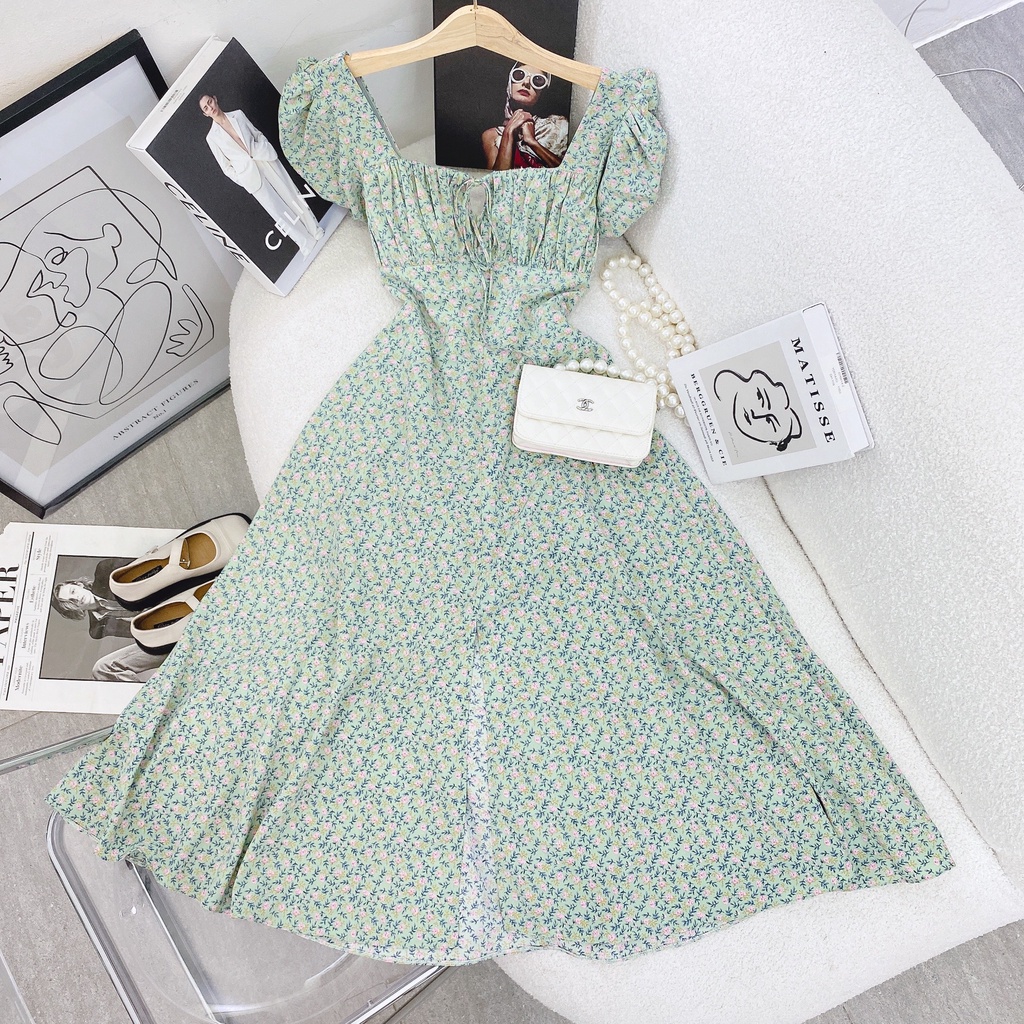 Váy nữ dáng dài, Đầm maxi xòe ôm eo cổ vuông tay ngắn phồng - MT5