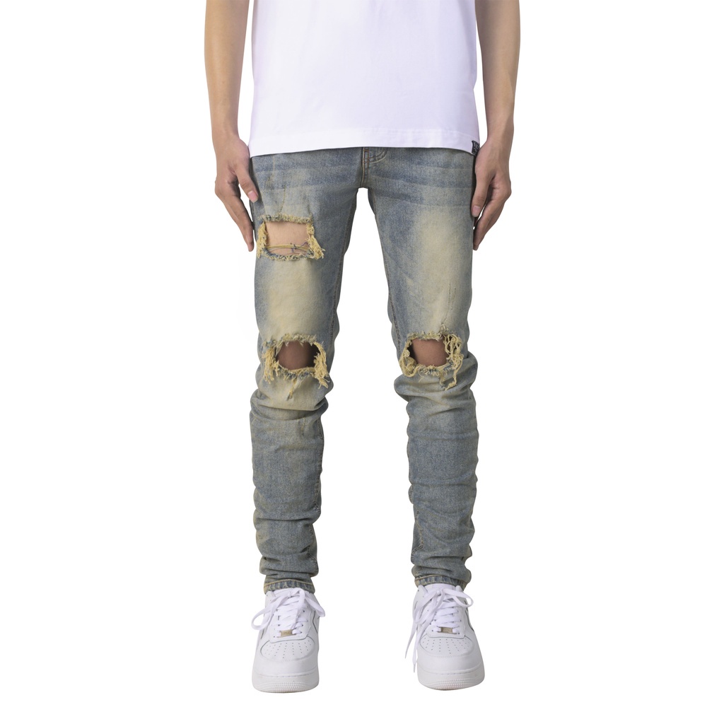 Quần jean nam streetwear cao cấp FNOS NZ10 màu xanh rách gối form slimfit jean thun co giãn ⚡