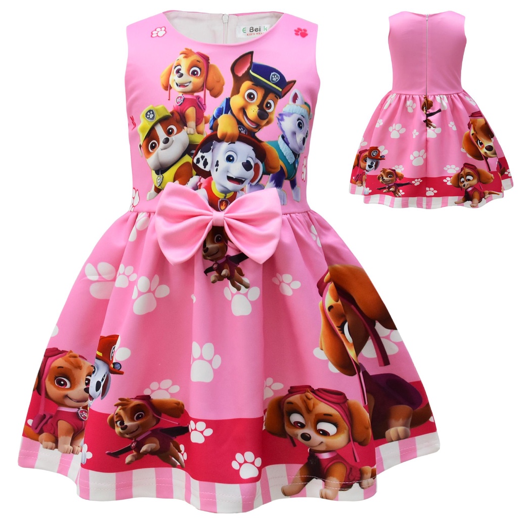 Đầm sát nách đính nơ màu hồng in hình hoạt hình Paw Patrol thời trang dự tiệc hóa trang cho bé gái