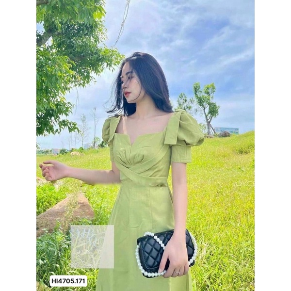 Váy đầm nữ màu xanh bơ nơ vai tay bồng chéo eo hàng chuẩn loại 1 | BigBuy360 - bigbuy360.vn