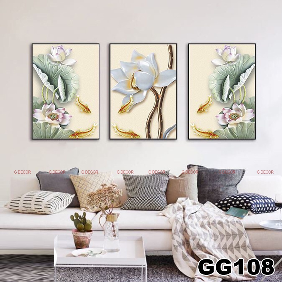 Tranh treo tường canvas khung gỗ 3 bức phong cách hiện đại Bắc Âu tranh hoa mẫu đơn trang trí phòng khách phòng ngủ 96