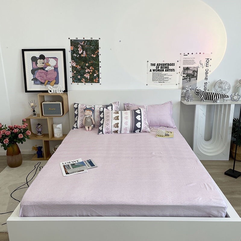 set chăn ga poly nhập khẩu chăn trần bông - mẫu tim kẻ hồng