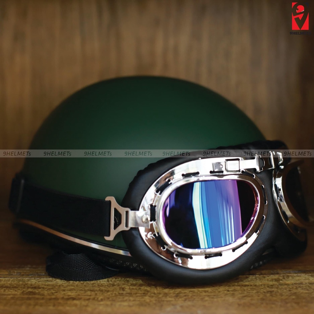 Mũ bảo hiểm nửa đầu nón 1/2 màu trơn freesize vòng đầu 54-59cm kèm kính phi công lót đệm mút xốp EPS