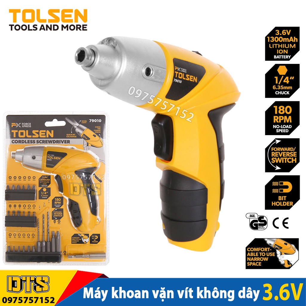 Máy bắn vít đa năng không dây dùng pin Lithium 3.6V TOLSEN, máy khoan siết vít sạc pin kèm mũi bắt vít, mũi khoan nhanh