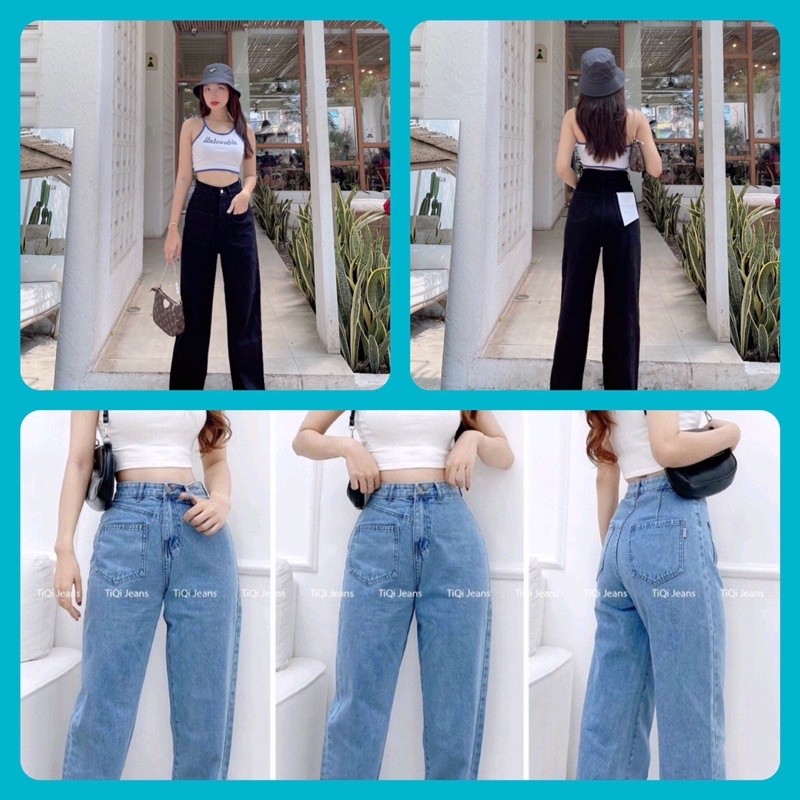 Quần jean nữ ống suông rộng cạp lưng cao