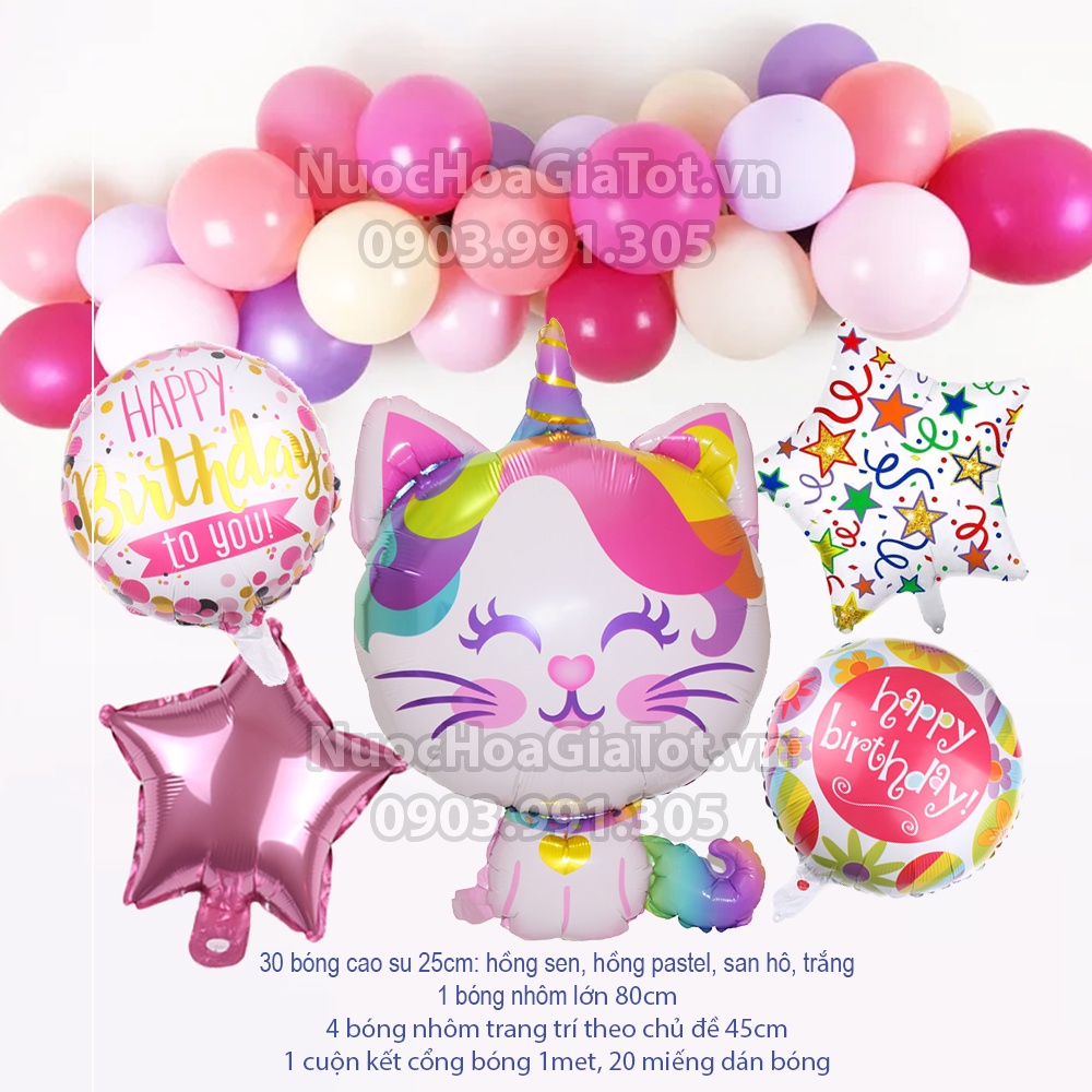 Set bong bóng trang trí tiệc sinh nhật chủ đề Mèo Kitty cho bé gái bé trai