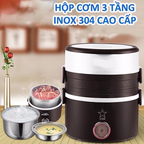 Hộp đựng ủ cơm hâm nóng cắm điện 3 tầng inox cao cấp