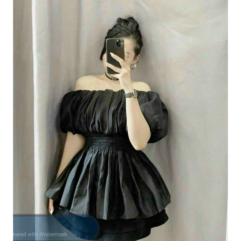 Áo trễ vai tay bồng Lyihome chất vải lụa mát mẻ