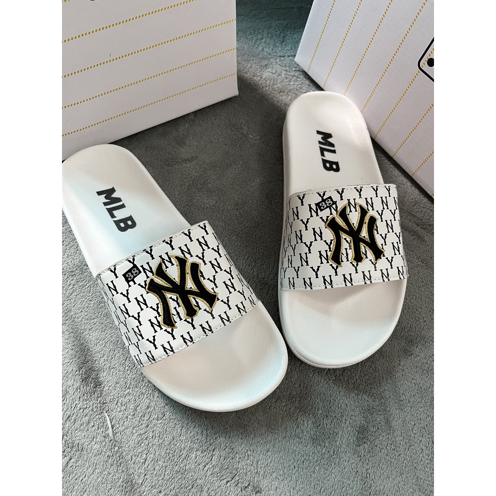 Dép nam nữ M.L.B Trắng chữ thêu hàng Full box, Quai ngang, Đế cao su nhẹ, êm chân