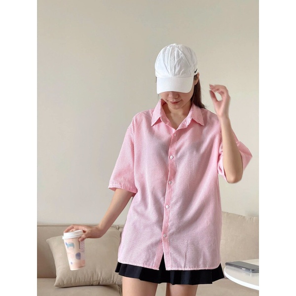 Áo sơ mi nữ tay ngắn form rộng kiểu kẻ sọc công sở LAVILO SM06