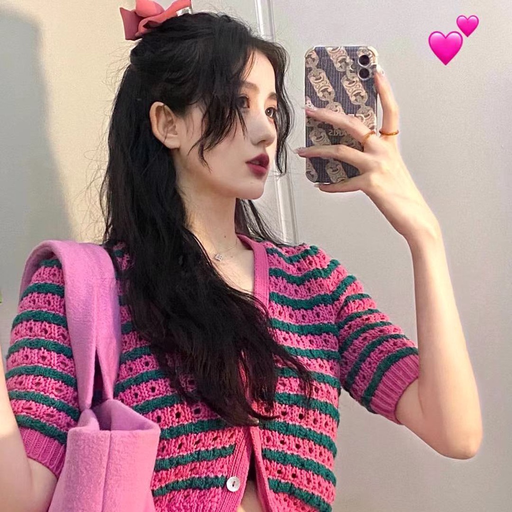 Áo khoác cardigan bằng vải dệt kim dáng rộng rãi họa tiết kẻ sọc màu hồng ngọt ngào cho nữ