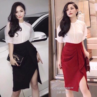 Sét áo trắng tay nơ và chân váy xẻ nhún bèo siêu hot