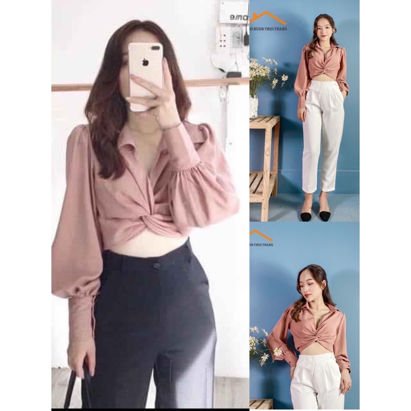 ÁO SƠ MI XOẮN EO CROPTOP