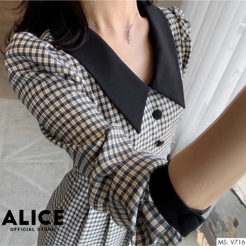 Váy Công Sở Kẻ Dài Tay Dáng Suông ALICE V716, Váy Thiết Kế Bo Cổ Tay Sang Chảnh Cho Mùa Thu Đông | BigBuy360 - bigbuy360.vn