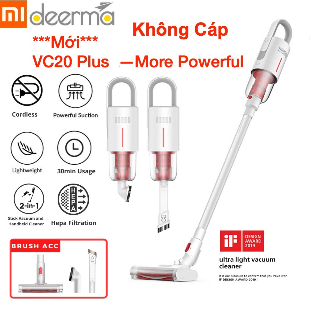 Máy Hút Bụi Cầm Tay Không cáp Xiaomi Deerma  VC20 Plus, Công suất 150W, Pin 2200mAh, 3 Đầu Độ Hút