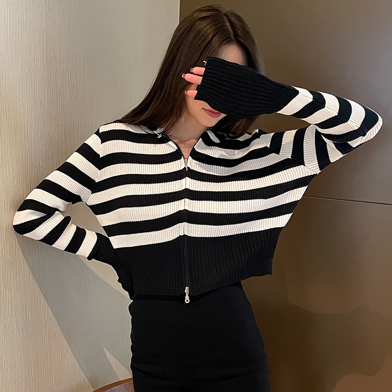 SUXI Áo dệt kim tay dài dáng rộng có nón phối khóa kéo thời trang mùa thu hàng mới cho nữ