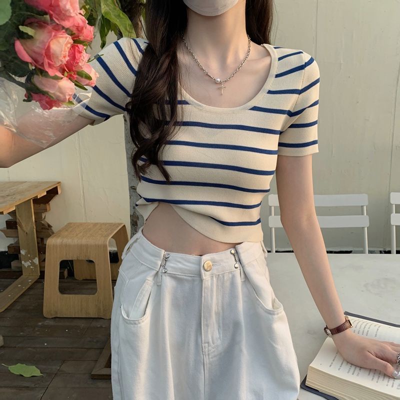 Jiashucheng Áo Thun Ngắn Tay Họa Tiết Kẻ Sọc Phong Cách Mới Cho Nữ
