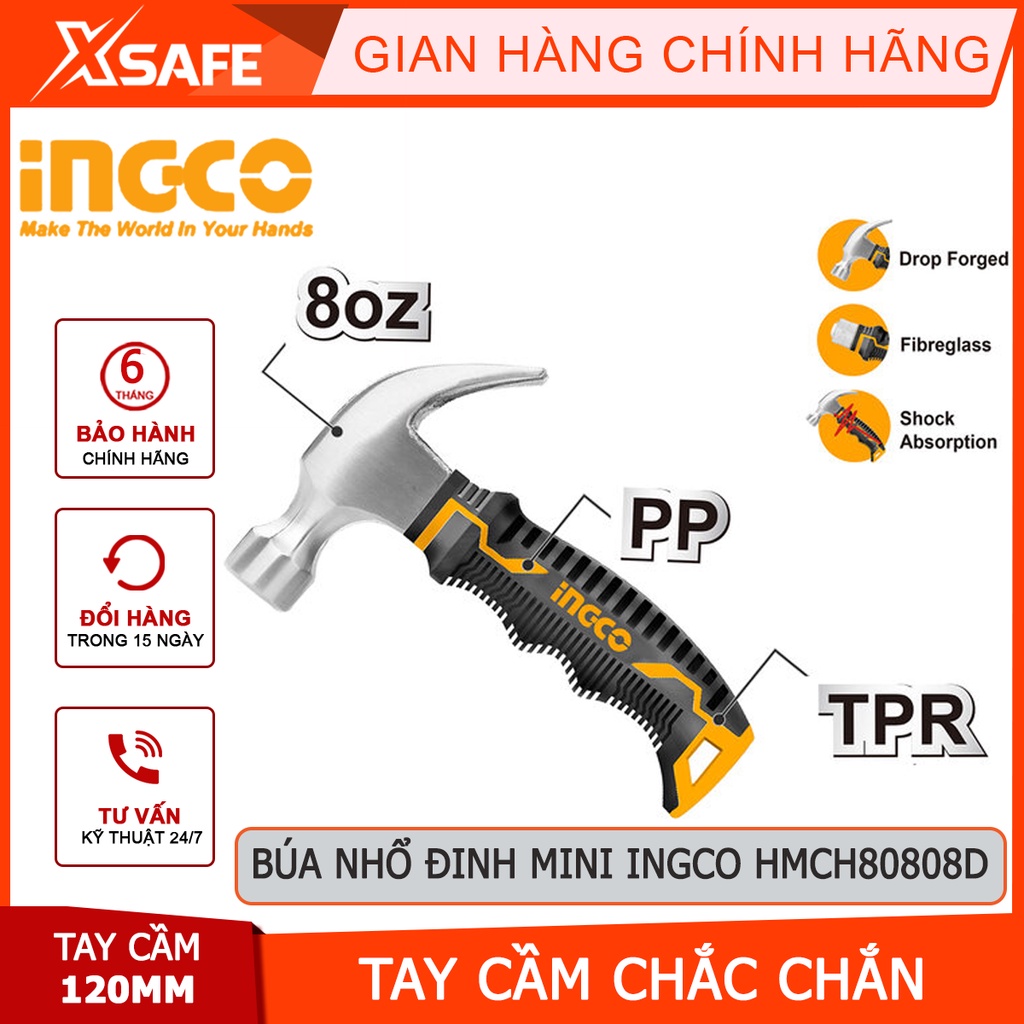 Búa cầm tay INGCO HMCH80808D Búa nhổ đinh mini thép cacbon, tay cầm 12cm, dùng cho gia đình, nhỏ, gọn - [XSAFE]