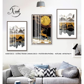 bộ 3 tranh hươu núi phong thủy cầu tài lộc 40x60 cm