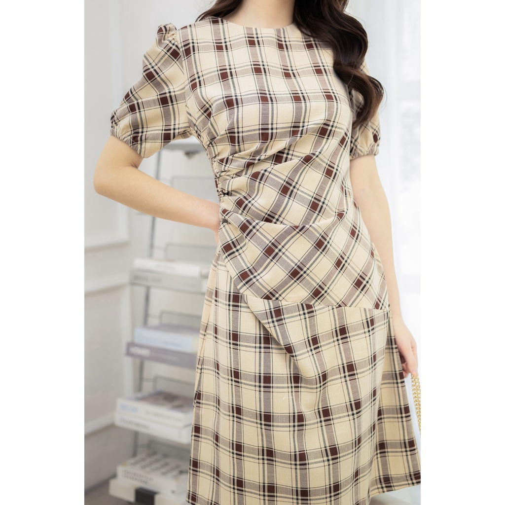 Váy thô đũi kẻ ô xoắn eo cổ tròn tay phồng TIIN STORE V0T267 | BigBuy360 - bigbuy360.vn