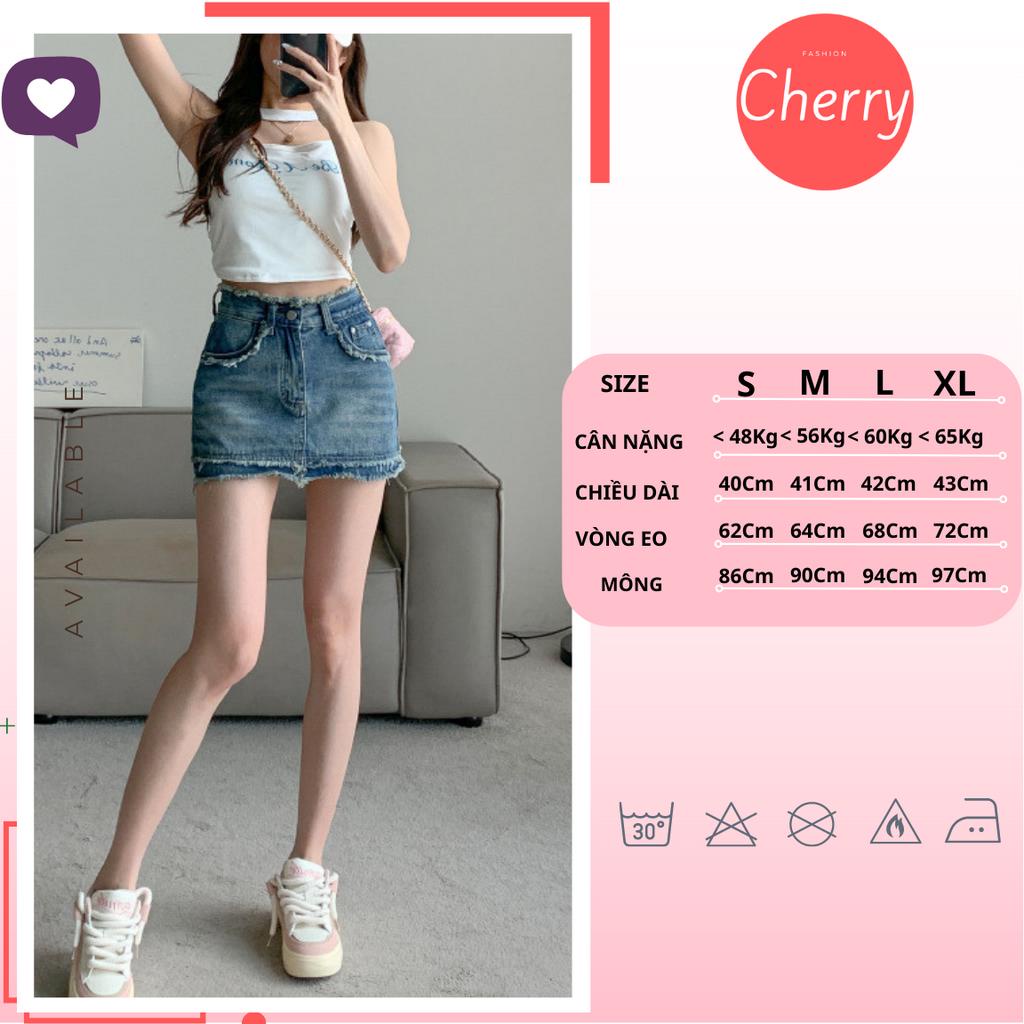 Chân váy jean nữ tua rua CHERRY dáng ngắn phong cách Hàn Quốc, Chân váy bò chữ A tua rua cạp cao có quần trong T084