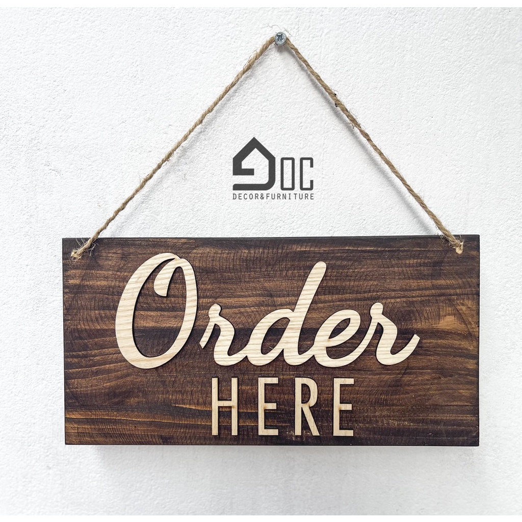 Biển Bảng Gỗ Order Here Gọi Món Tại Đây Có Đế, Dây Treo Góc Decor