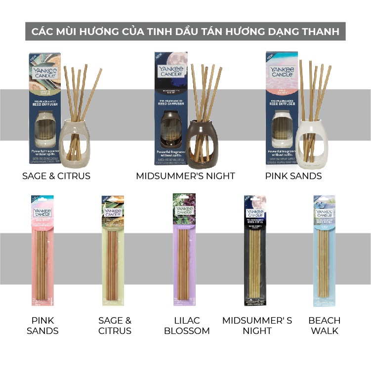 Refill Tinh dầu tán hương dạng thanh Yankee Candle có 4 mùi tùy chọn (gồm 5 thanh tán hương, không kèm lọ)