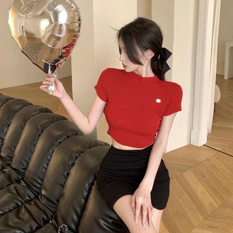 Áo Thun Baby Tee Nữ Tay Ngắn Áo Croptop Dệt Kim Cổ Tròn Màu Sắc Đơn Giản Cho Nữ