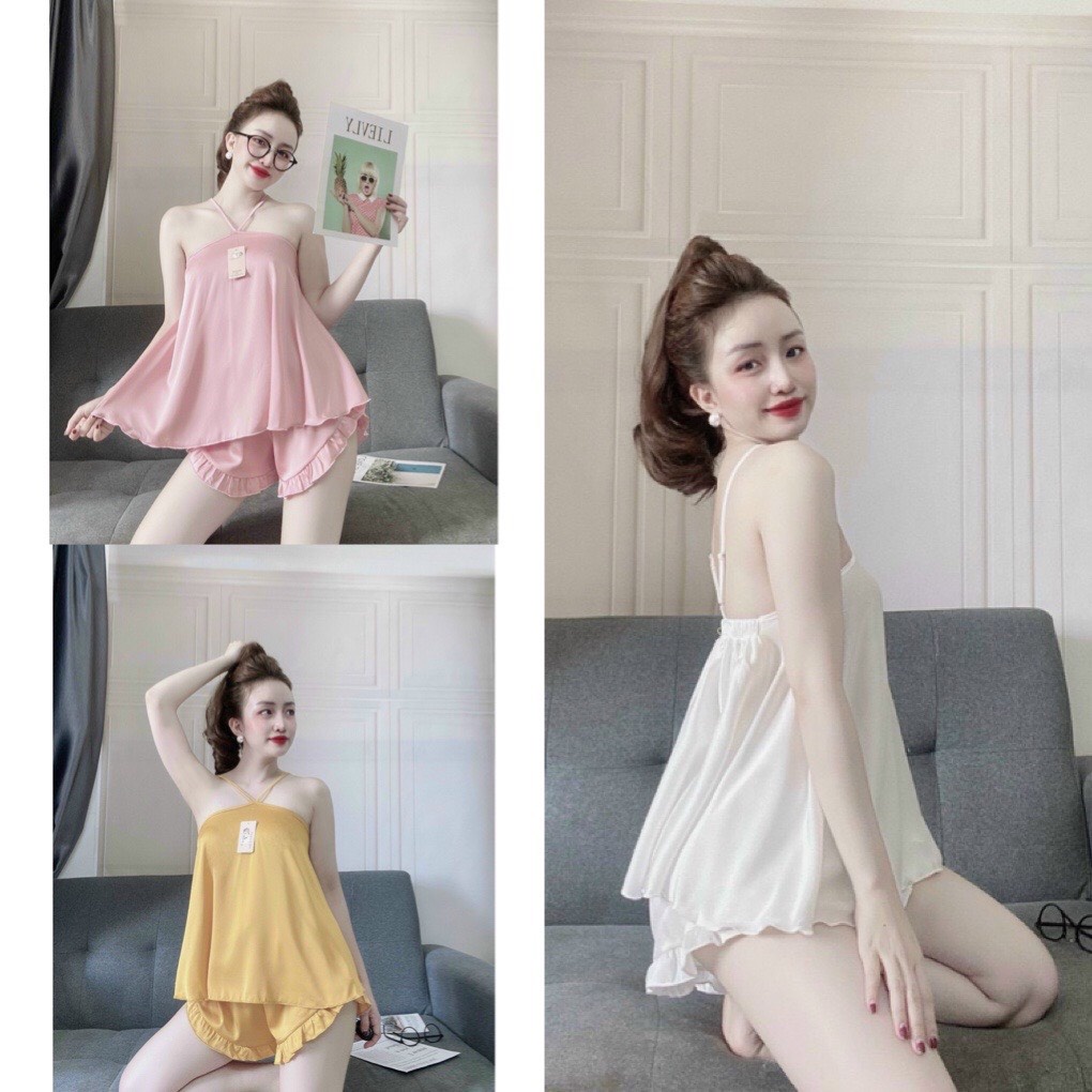 🍡Đồ mặc nhà lụa satin cao cấp 🍡 Set yếm tiểu thư sang chảnh 🍡