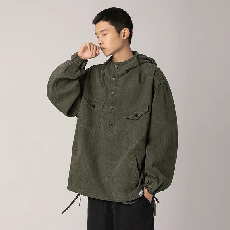 AMO | Áo hoodie kaki rêu chất mềm, form rộng, có ảnh feedback và chất cận vải