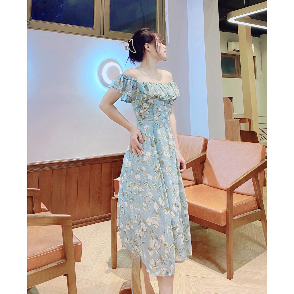 Váy trễ vai maxi, đầm hoa, đi biển, đi chơi, sang chảnh màu xanh ngọc Linstore thiết kế V17 Lins96 98.studio