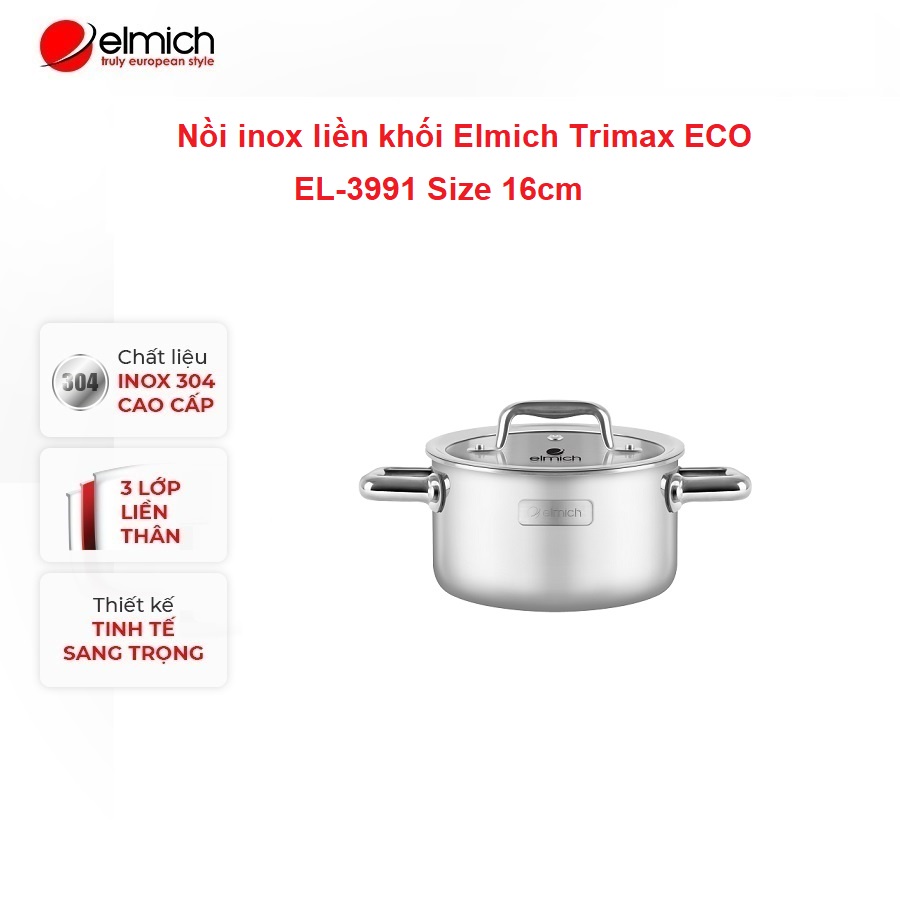 Nồi Inox 304 cao cấp 3 đáy liền khối Elmich Trimax Eco EL-3991 Size 16cm