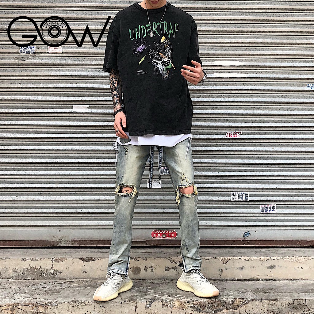 Quần jean nam Gowdaily phong cách streetwear có zipper rách gối kèm dây Drawstring Xanh D396 | BigBuy360 - bigbuy360.vn