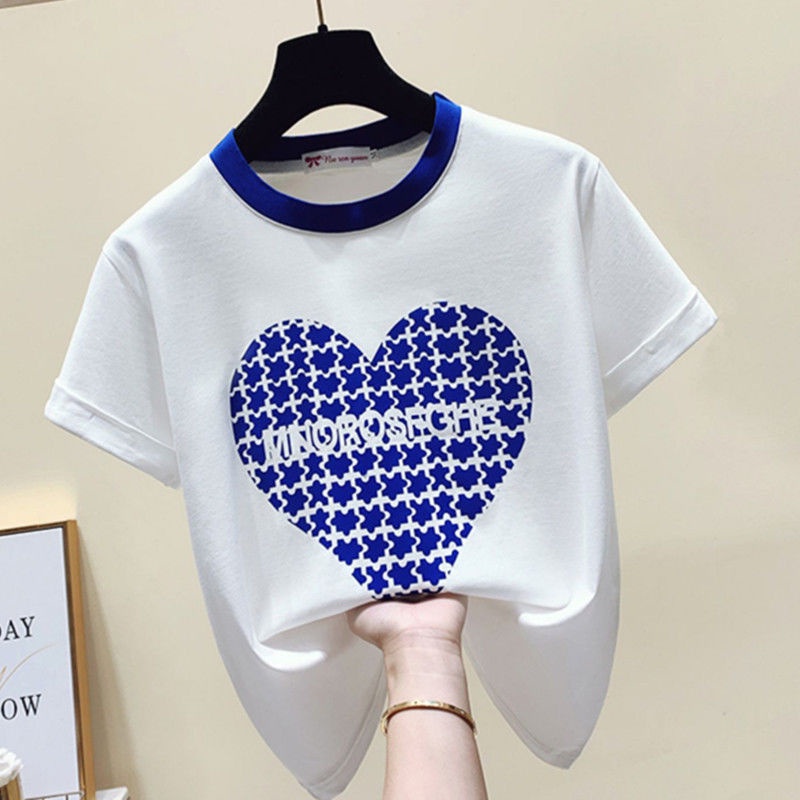 Áo Thun Cotton Cổ Tròn Tay Ngắn In Hình Trái Tim Phối Màu Thời Trang Mùa Hè Hàn Quốc Mới 2022 Dành Cho Bạn Nữ