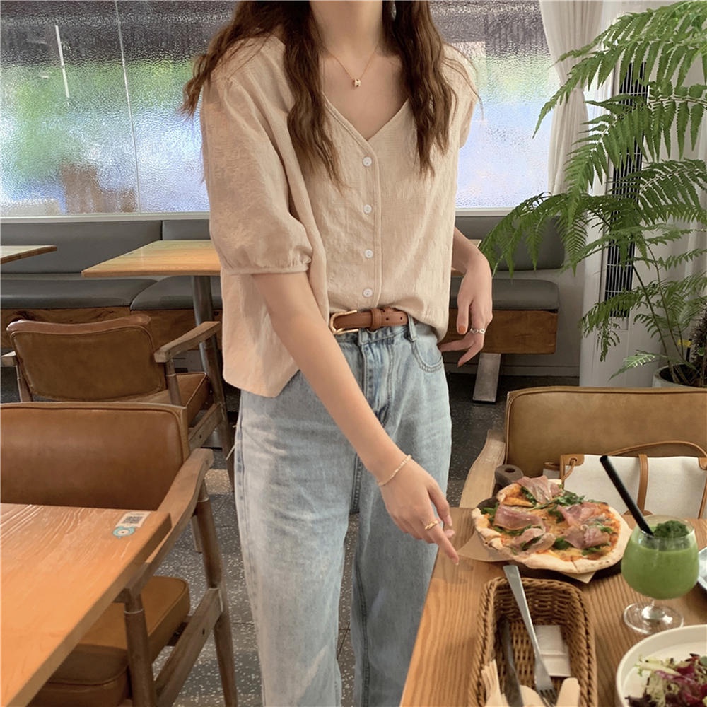 Áo Sơ Mi Jacquard Tay Ngắn Cổ Chữ V Dáng Rộng Phong Cách Mới 50635