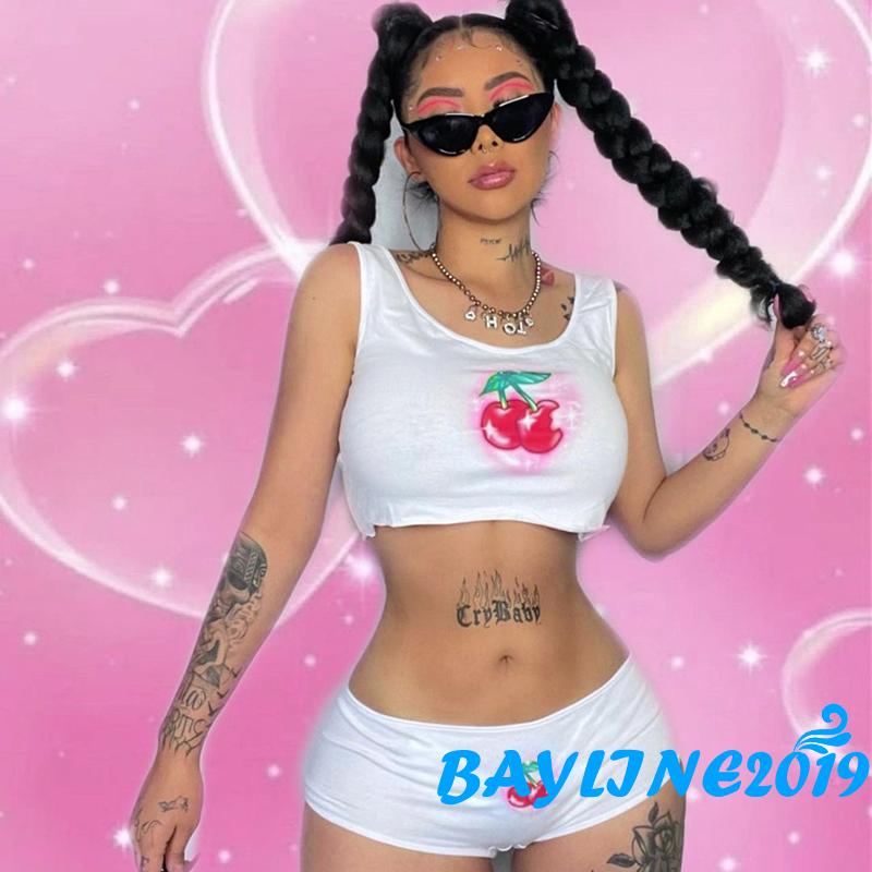 Set Đồ 2 Món Áo Croptop Không Tay Cổ Chữ U + Quần Short Họa Tiết Quả Cherry Quyến Rũ Dành Cho Nữ