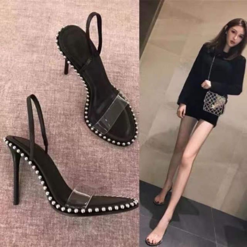 Giày sandal gót nhọn quai trong viền bi L1-ORD