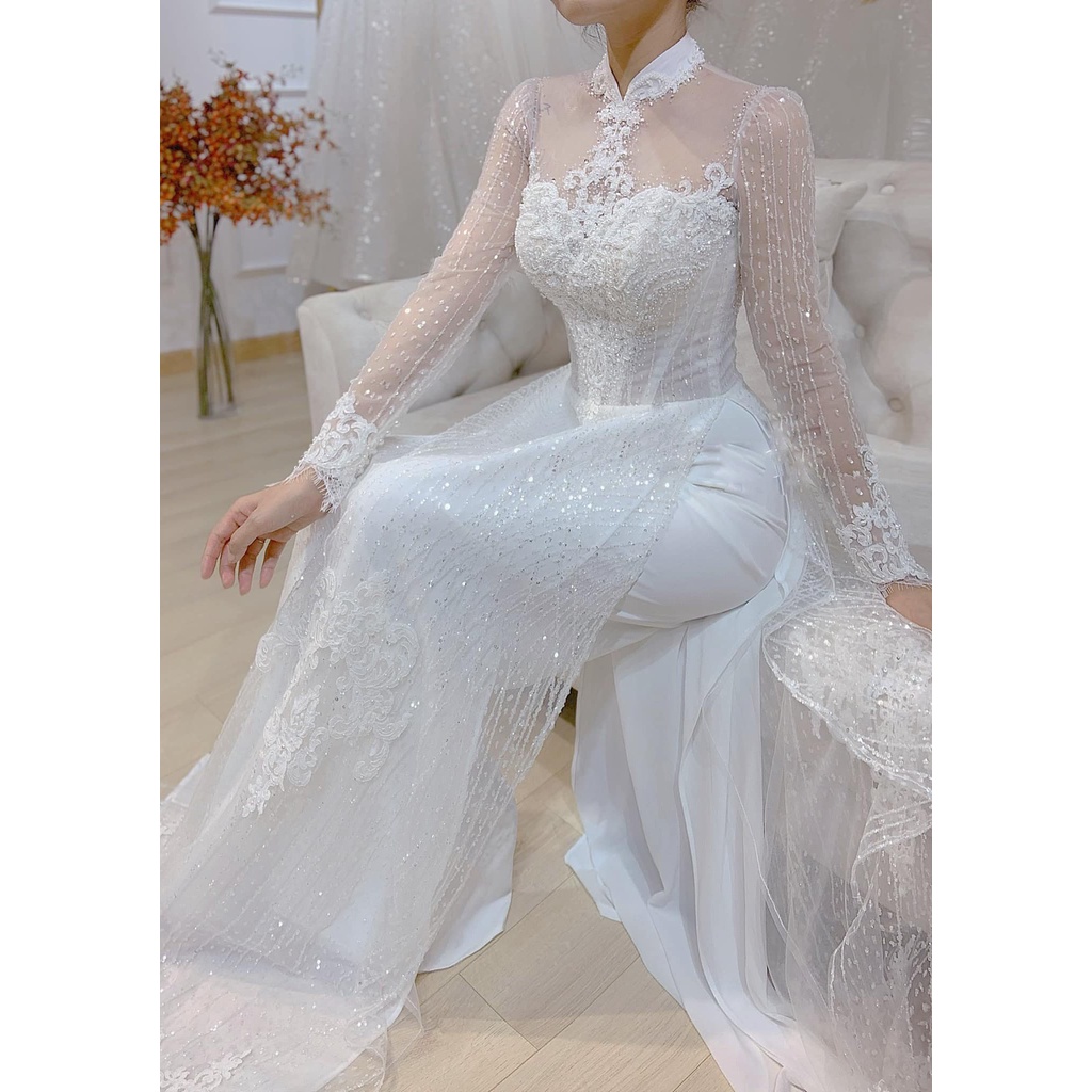 BỘ ÁO DÀI TRẮNG REN CÔ DÂU SANG CHẢNH
