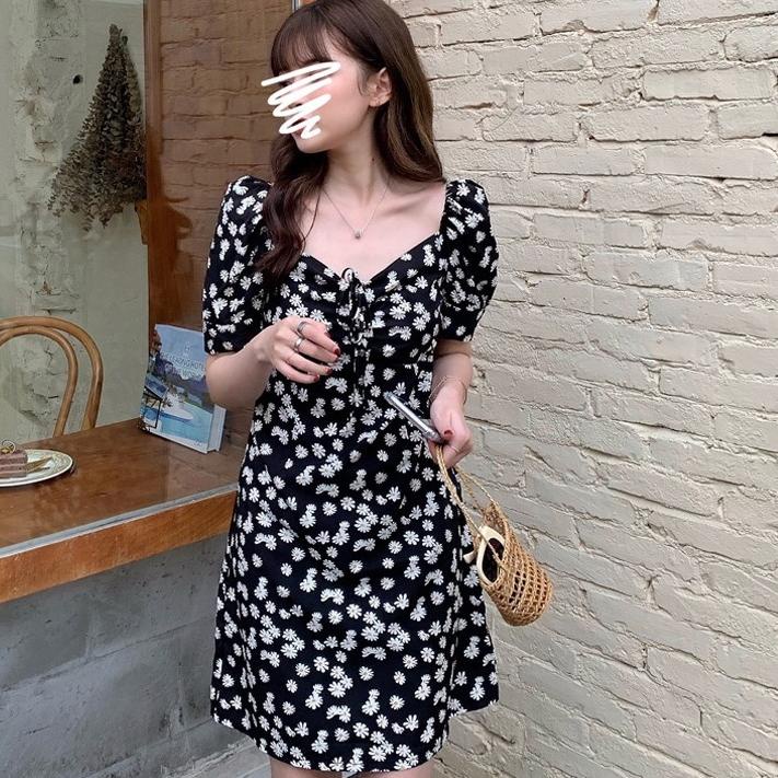 Nóng. Đầm Midi Cổ Chữ V Trễ Vai Phong Cách Hàn Quốc | Hoa Cúc In Tay Áo Phồng Một Đường Váy.
